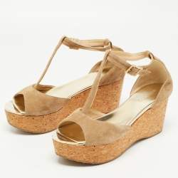 Pre Owned Jimmy Choo Beige Suede Pela Cork Sandals Size 39