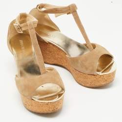 Pre Owned Jimmy Choo Beige Suede Pela Cork Sandals Size 39