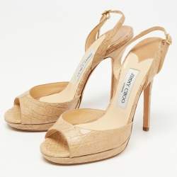Pre Owned Jimmy Choo Beige Croc Leather Slingback Peep Toe  Sandals Size 39
