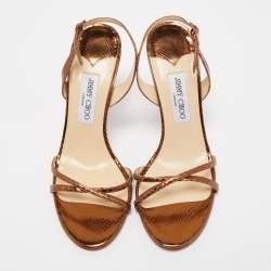 Pre Owned Jimmy Choo Metallic Brown Embossed Snakeskin Jag Cross Slingback Sandals Size 40
