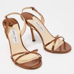 Pre Owned Jimmy Choo Metallic Brown Embossed Snakeskin Jag Cross Slingback Sandals Size 40