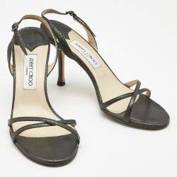 Pre Owned Jimmy Choo Metallic Grey Embossed Snakeskin Jag Cross Slingback Sandals Size 40