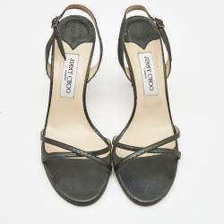 Pre Owned Jimmy Choo Metallic Grey Embossed Snakeskin Jag Cross Slingback Sandals Size 40