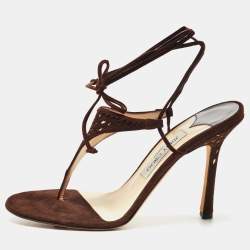 Pre Owned Jimmy Choo Brown Laser Cut Suede Ankle Tie Thong Sandals Size 39.5