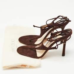 Pre Owned Jimmy Choo Brown Laser Cut Suede Ankle Tie Thong Sandals Size 39.5