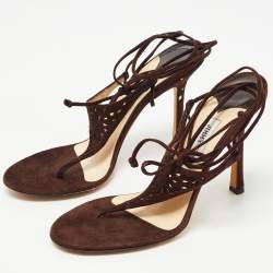 Pre Owned Jimmy Choo Brown Laser Cut Suede Ankle Tie Thong Sandals Size 39.5
