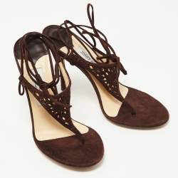 Jimmy Choo Brown Laser Cut Suede Ankle Tie Thong Sandals Size 39.5