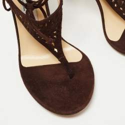 Pre Owned Jimmy Choo Brown Laser Cut Suede Ankle Tie Thong Sandals Size 39.5