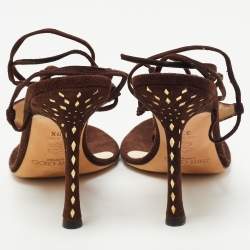 Pre Owned Jimmy Choo Brown Laser Cut Suede Ankle Tie Thong Sandals Size 39.5