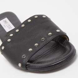 Pre Owned Jimmy Choo Black Leather Studded Nanda Flat Slides Size 38.5