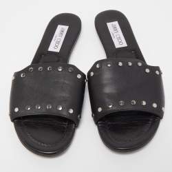 Pre Owned Jimmy Choo Black Leather Studded Nanda Flat Slides Size 38.5