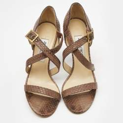Choo Brown Watersnake Cross Strap Block Heel Sandals Size 39