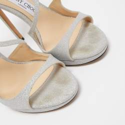 Pre Owned Jimmy Choo Silver Glitter Lance Platform Sandals Size 39