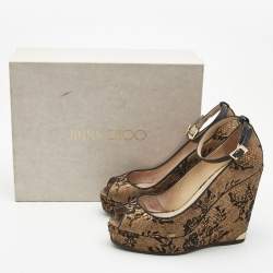 Jimmy Choo Brown/Black Cork and Lace Wedge Ankle Strap Pumps Size 38