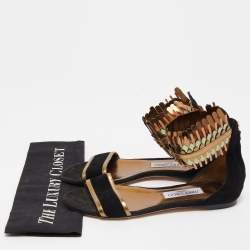 Pre Owned Jimmy Choo Black/Gold Suede and Leather Ankle Strap Flats Size 37.5