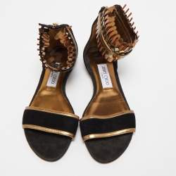 Pre Owned Jimmy Choo Black/Gold Suede and Leather Ankle Strap Flats Size 37.5