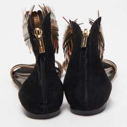 Pre Owned Jimmy Choo Black/Gold Suede and Leather Ankle Strap Flats Size 37.5