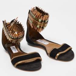 Pre Owned Jimmy Choo Black/Gold Suede and Leather Ankle Strap Flats Size 37.5