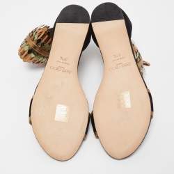 Pre Owned Jimmy Choo Black/Gold Suede and Leather Ankle Strap Flats Size 37.5