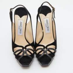 Pre Owned Jimmy Choo Black Suede and Watersnake Leather Ankle Strap Sandals Size 37.5