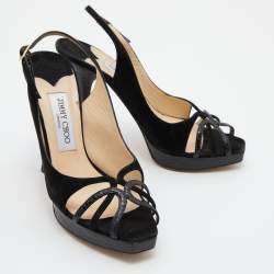 Pre Owned Jimmy Choo Black Suede and Watersnake Leather Ankle Strap Sandals Size 37.5