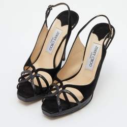 Jimmy Choo Black Suede and Watersnake Leather Ankle Strap Sandals Size 37.5