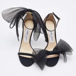 Pre Owned Jimmy Choo Black Grosgrain and Mesh Bow Aveline Sandals Size 37