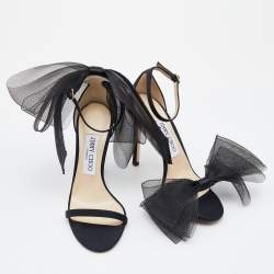 Pre Owned Jimmy Choo Black Grosgrain and Mesh Bow Aveline Sandals Size 37