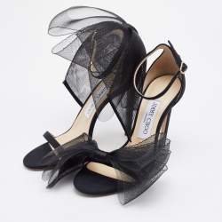 Pre Owned Jimmy Choo Black Grosgrain and Mesh Bow Aveline Sandals Size 37