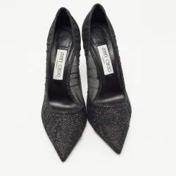 Pre Owned Jimmy Choo Black Glitter Mesh Love Pumps Size 39.5