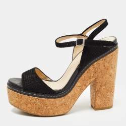 Jimmy Choo Black Suede Cork Block Heel Sandals Size 41