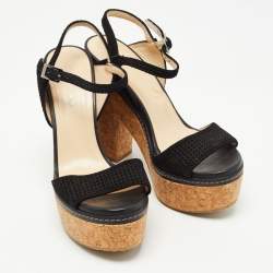 Jimmy Choo Black Suede Cork Block Heel Sandals Size 41