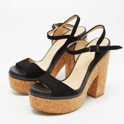Jimmy Choo Black Suede Cork Block Heel Sandals Size 41