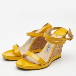 مملوكة مسبقًا Jimmy Choo Yellow Patent Leather Cork Wedge  Sandals Size 36