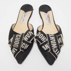 مملوكة مسبقًا Jimmy Choo Black Suede and Logo Canvas Gretchen Flat Mules Size 41