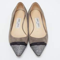 مملوكة مسبقًا Jimmy Choo Dark Grey Suede and Glitter Bow Ballet Flats Size 35.5