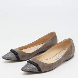 مملوكة مسبقًا Jimmy Choo Dark Grey Suede and Glitter Bow Ballet Flats Size 35.5