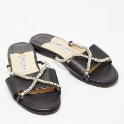 Pre Owned Jimmy Choo Black Leather Aadi Flat Slides Size 37