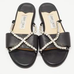 Pre Owned Jimmy Choo Black Leather Aadi Flat Slides Size 37