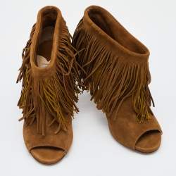 Pre Owned Jimmy Choo Brown Suede Fringe Peep-Toe Booties Size 36