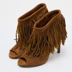 Pre Owned Jimmy Choo Brown Suede Fringe Peep-Toe Booties Size 36