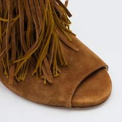 Pre Owned Jimmy Choo Brown Suede Fringe Peep-Toe Booties Size 36