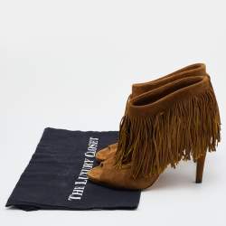 Pre Owned Jimmy Choo Brown Suede Fringe Peep-Toe Booties Size 36