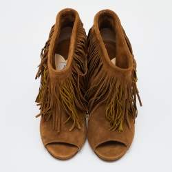 Pre Owned Jimmy Choo Brown Suede Fringe Peep-Toe Booties Size 36