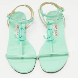 Pre Owned Jimmy Choo Green Leather Ankle Strap Flats Size 38