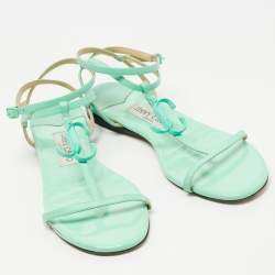 Pre Owned Jimmy Choo Green Leather Ankle Strap Flats Size 38