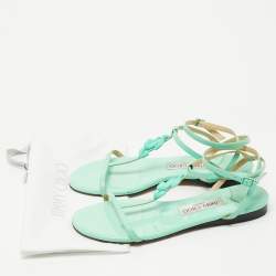 Pre Owned Jimmy Choo Green Leather Ankle Strap Flats Size 38