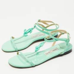 Pre Owned Jimmy Choo Green Leather Ankle Strap Flats Size 38