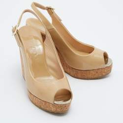 Pre Owned Jimmy Choo Beige Patent Leather Prova Slingback Cork Wedge Sandals Size 35