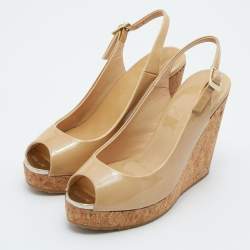 Pre Owned Jimmy Choo Beige Patent Leather Prova Slingback Cork Wedge Sandals Size 35